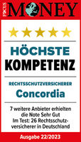 Focus Money Siegel mit 5 Sternen für höchste Kundenzufriedenheit in der Concordia Rechtsschutz