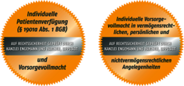 Zwei Siegel bestätigen die Prüfung der Vorsorgevollmacht und Patientenverfügung auf Rechtssicherheit