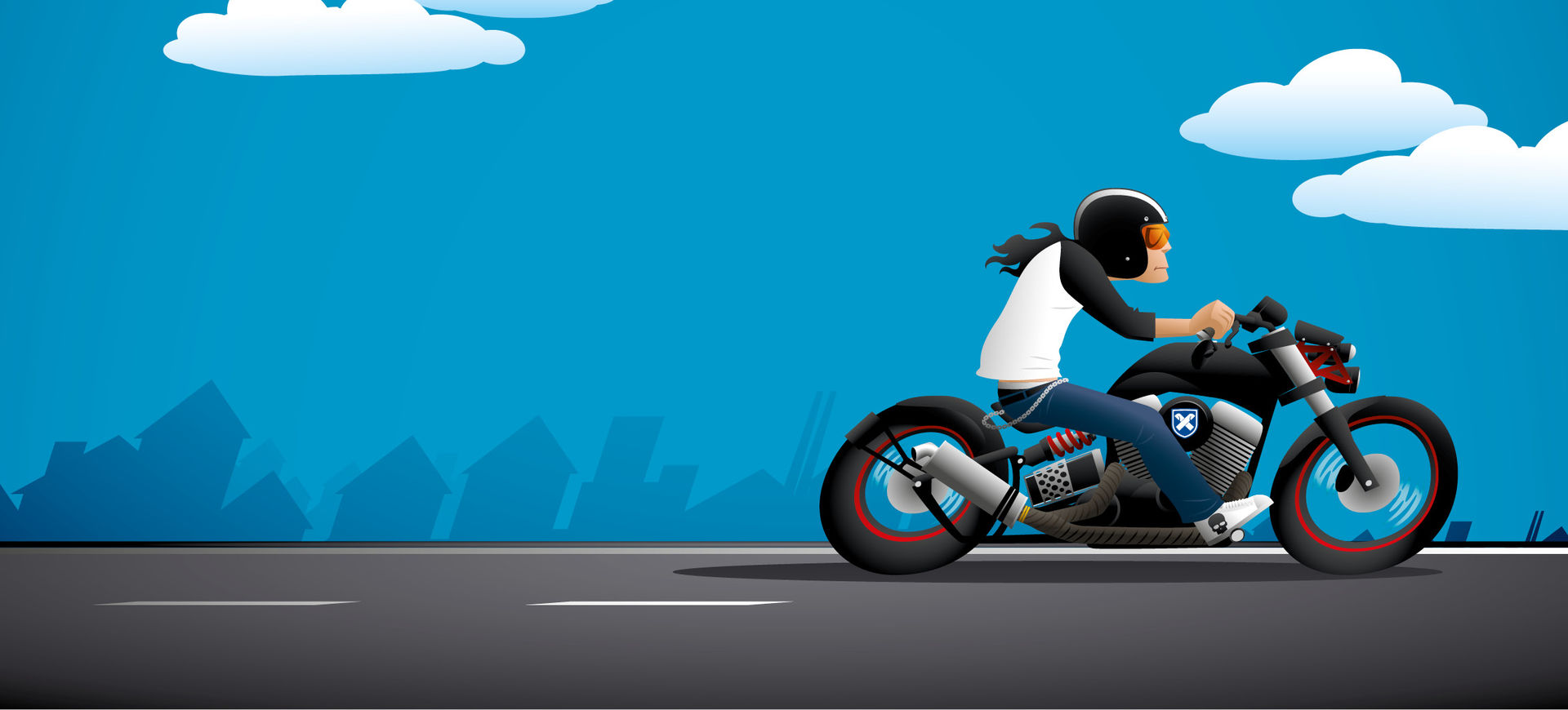 Comic Zeichnung von einer Person auf einem Motorrad.
