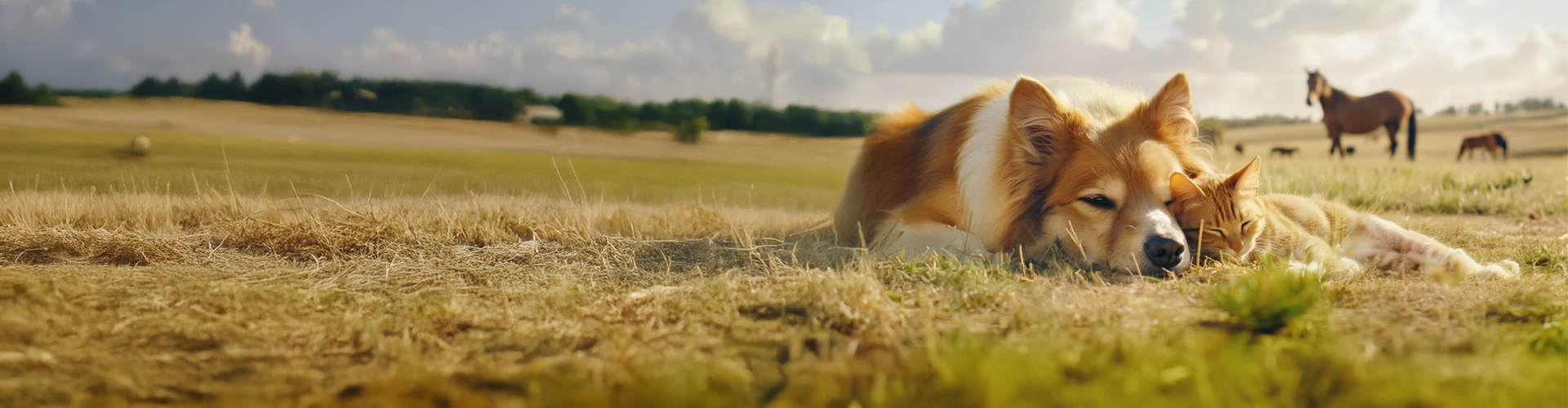 Hund und Katze kuscheln auf einer Wiese, im Hintergrund ist ein braunes Pferd
