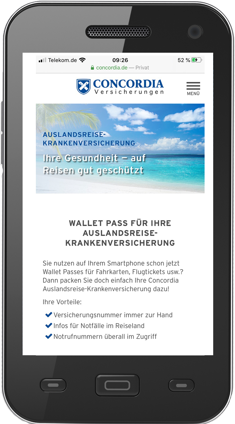 Abbildung der Webseite Wallet Pass auf einem Smartphone